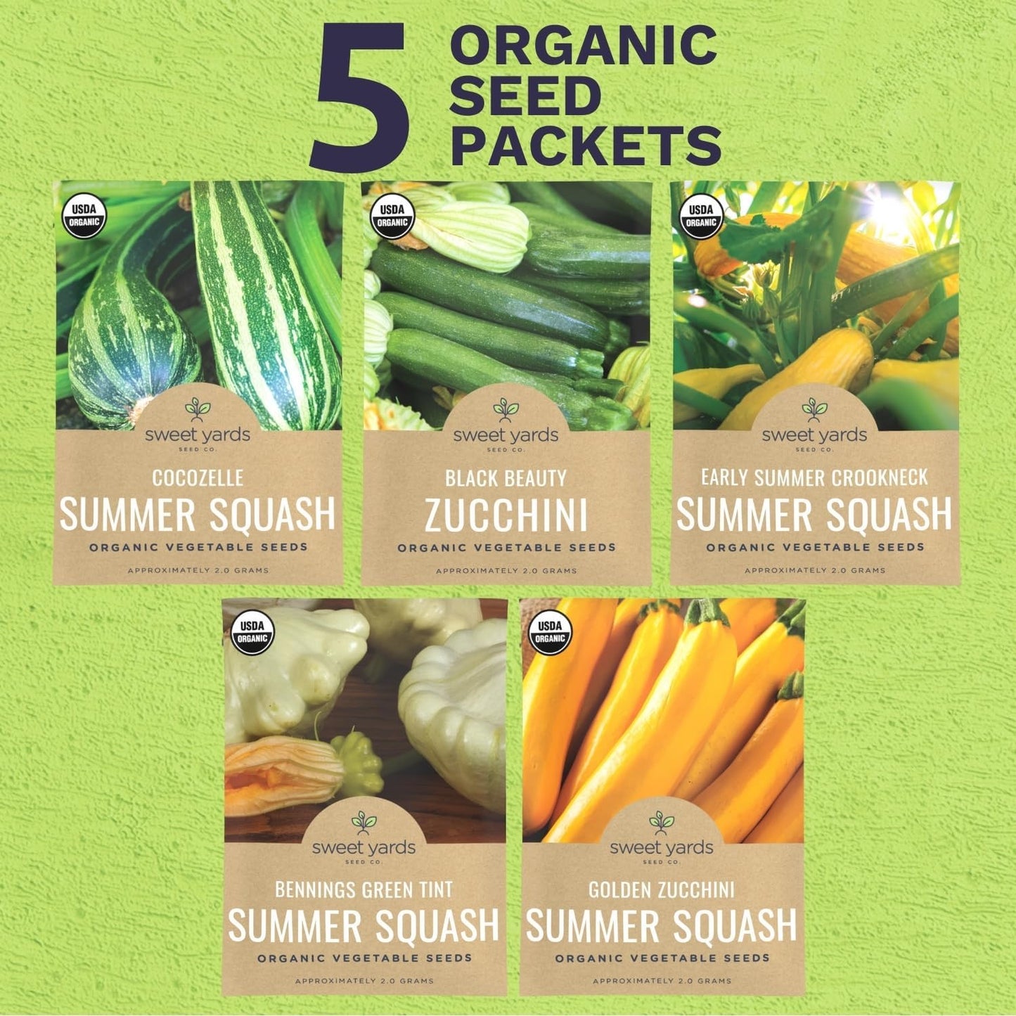 Organic Summer Squash Seeds Variety Pack - 5 Individual Packs