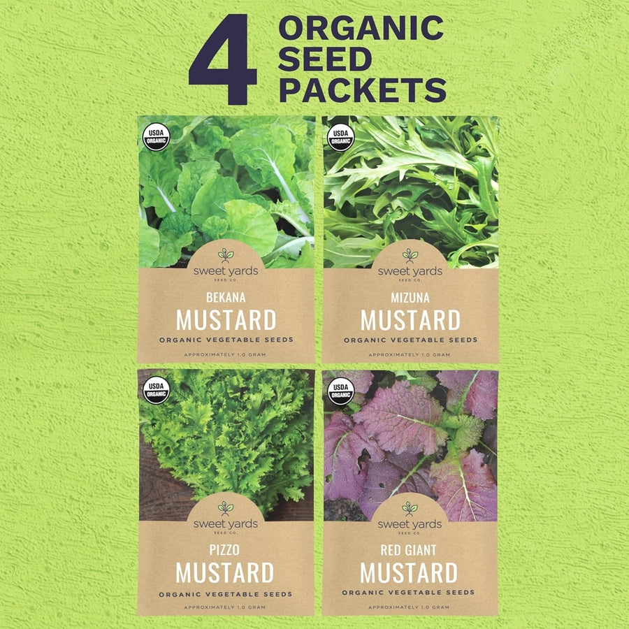 Organic Mustard Green Seeds Variety Pack - 4 Individual Packs