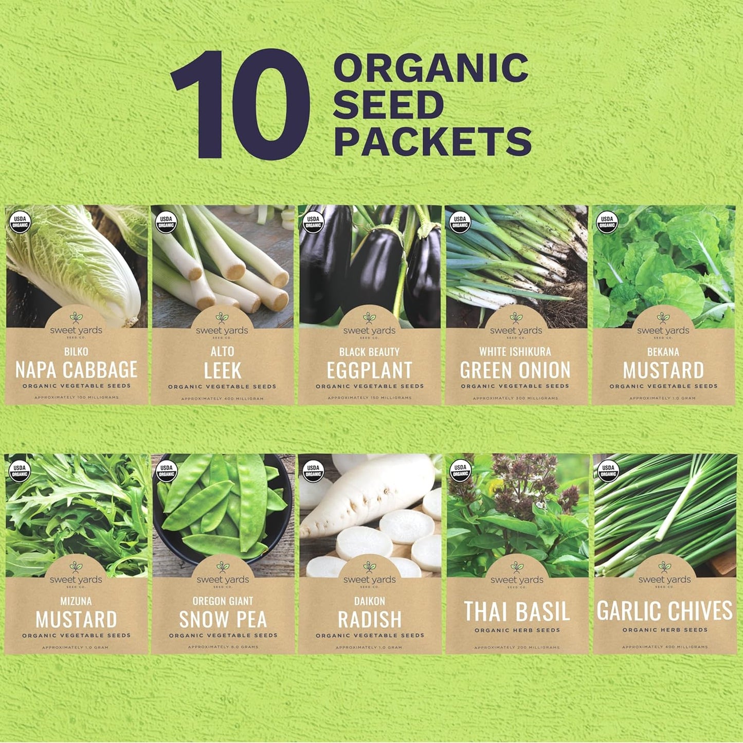 Organic Asian Garden Seeds Variety Pack - 10 Individual Packs