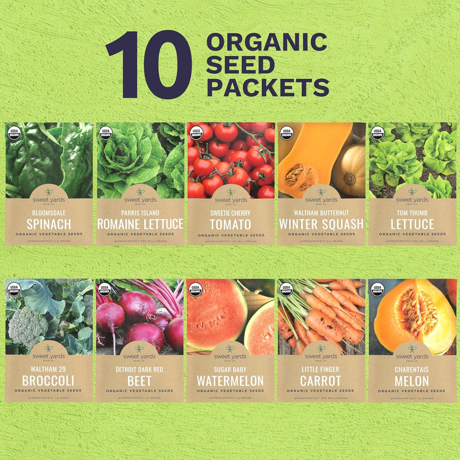 Organic Heirloom Garden Seeds Variety Pack - 10 Individual Packs