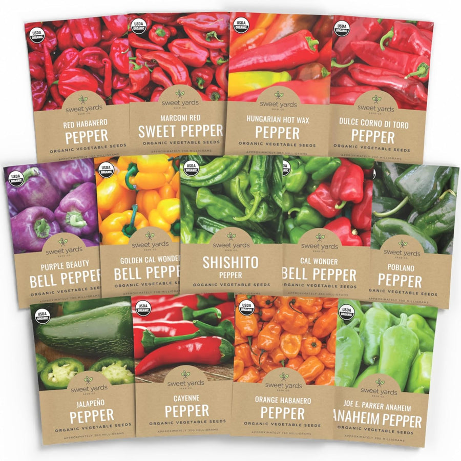 Organic Pepper Seeds (Sweet and Hot) Variety Pack - 13 Individual Packs