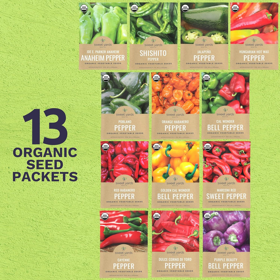 Organic Pepper Seeds (Sweet and Hot) Variety Pack - 13 Individual Packs