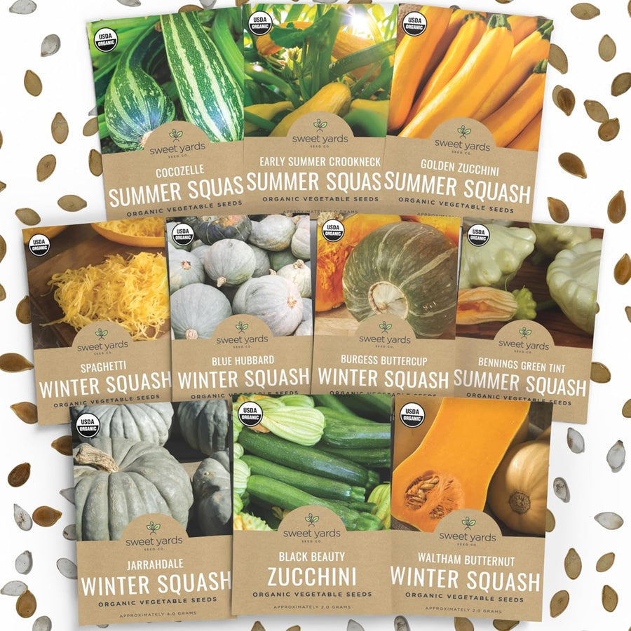 Organic Squash Seeds (Summer and Winter) Variety Pack - 10 Individual Packs