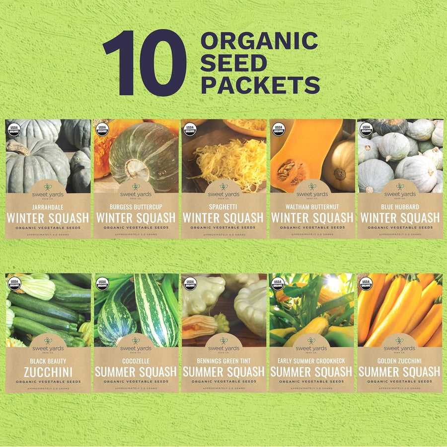 Organic Squash Seeds (Summer and Winter) Variety Pack - 10 Individual Packs