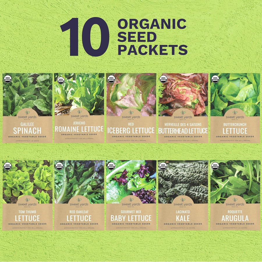 Organic Lettuce & Greens Seeds Variety Pack - 10 Individual Packs